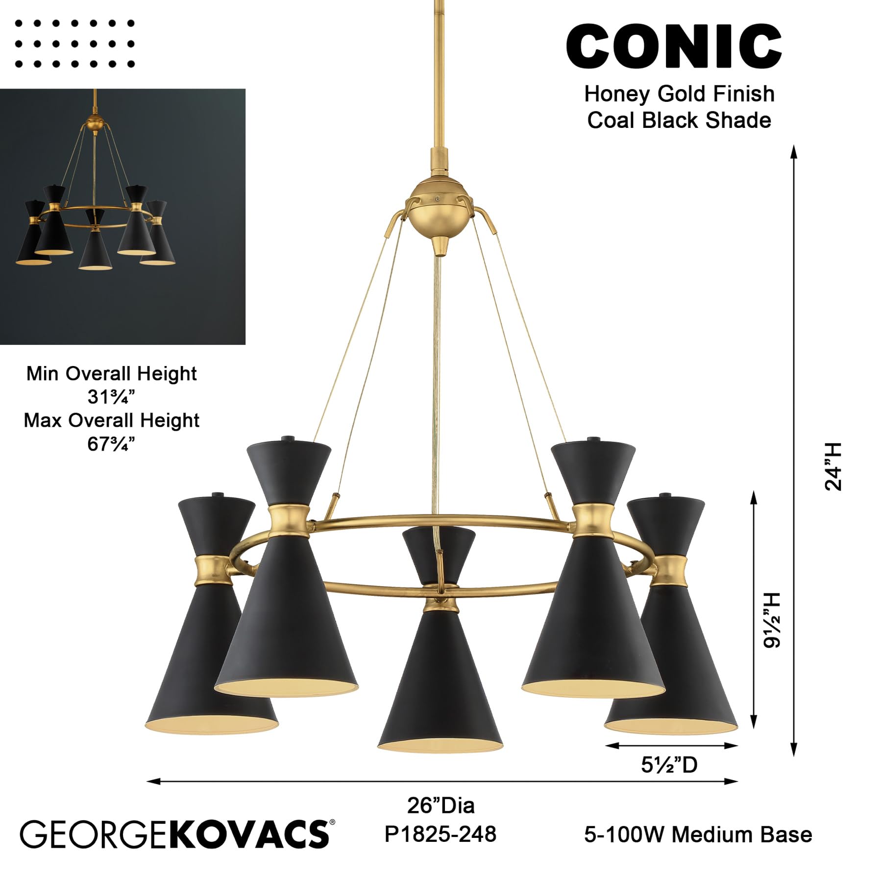 GEORGE KOVACS P1825-248 Conic Chandelier, 5-Light, 500 Total Watts
